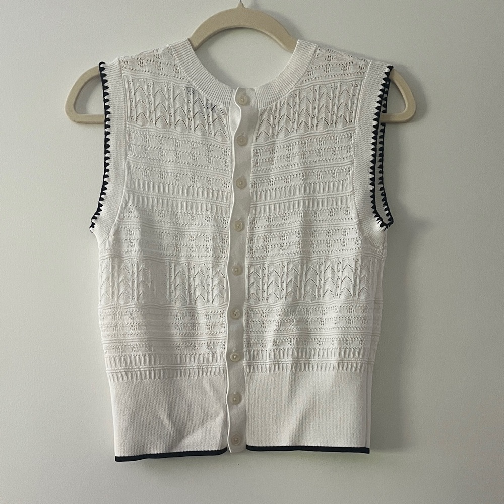 Madewell White Sleeveless Knit Button-Up Top with Black Trim